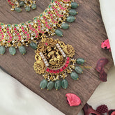 Vriksham Exquisite Lakshmi Pendant Peacock Kundan Jadau Short Neckpiece-Pastel Green Bead-J2988